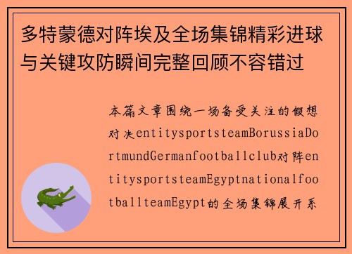 多特蒙德对阵埃及全场集锦精彩进球与关键攻防瞬间完整回顾不容错过