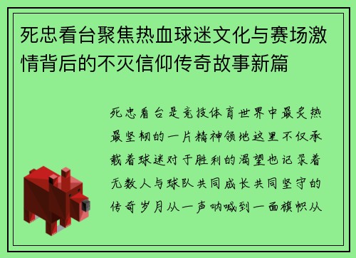 死忠看台聚焦热血球迷文化与赛场激情背后的不灭信仰传奇故事新篇