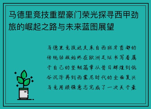 马德里竞技重塑豪门荣光探寻西甲劲旅的崛起之路与未来蓝图展望